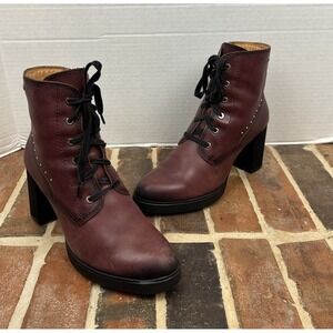 Pikolinos Burgundy Red Leather Ankle Boots Chunky Side Zip Lace Up Women's 10.5